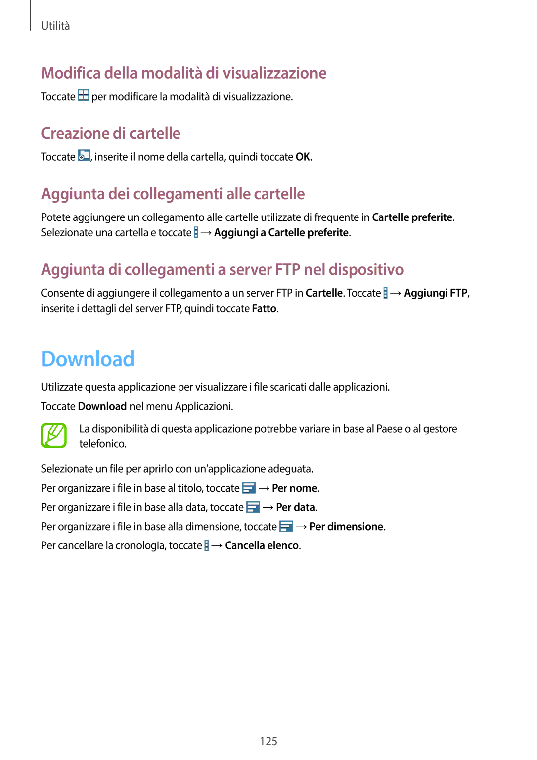 Samsung SM-T525NZWAITV manual Download, Modifica della modalità di visualizzazione, Creazione di cartelle 