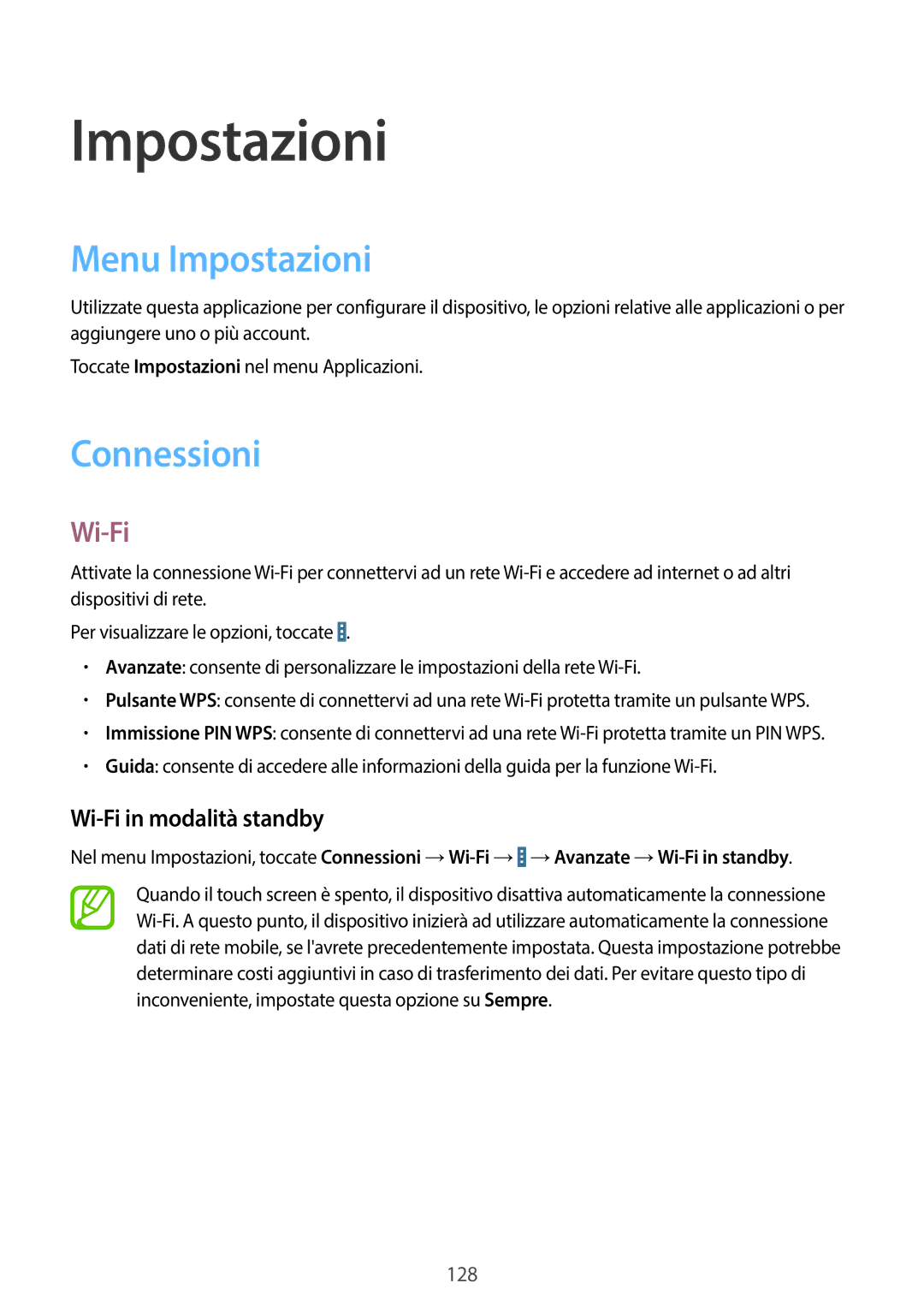 Samsung SM-T525NZWAITV manual Menu Impostazioni, Connessioni, Wi-Fi in modalità standby 