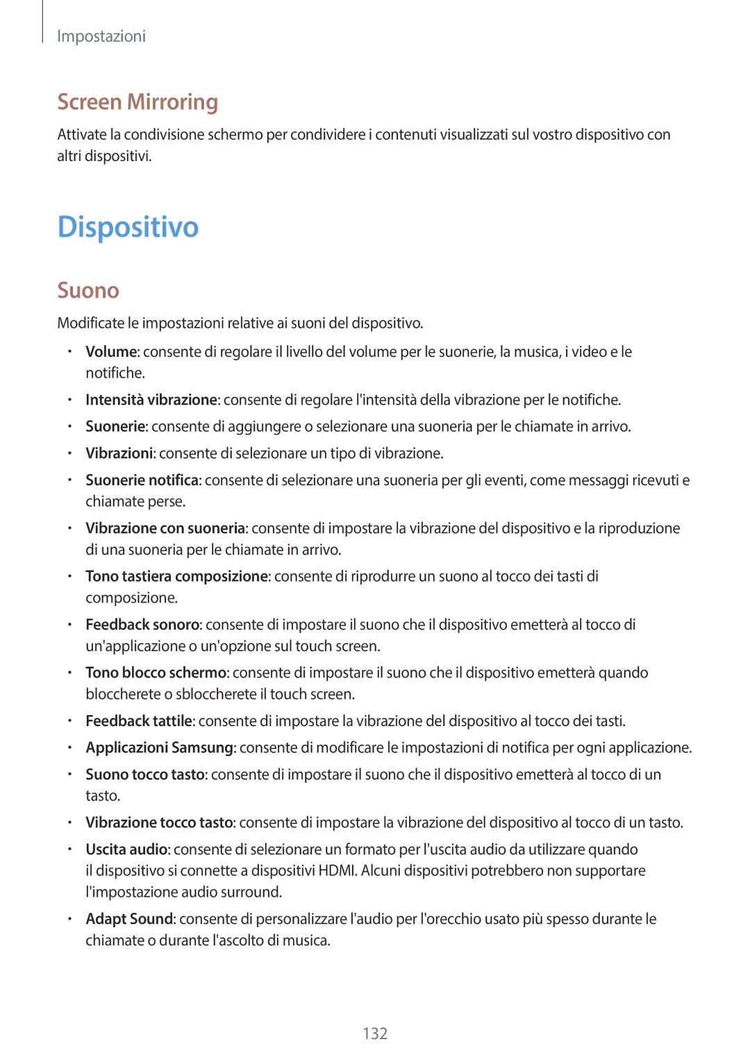 Samsung SM-T525NZWAITV manual Dispositivo, Screen Mirroring, Suono 