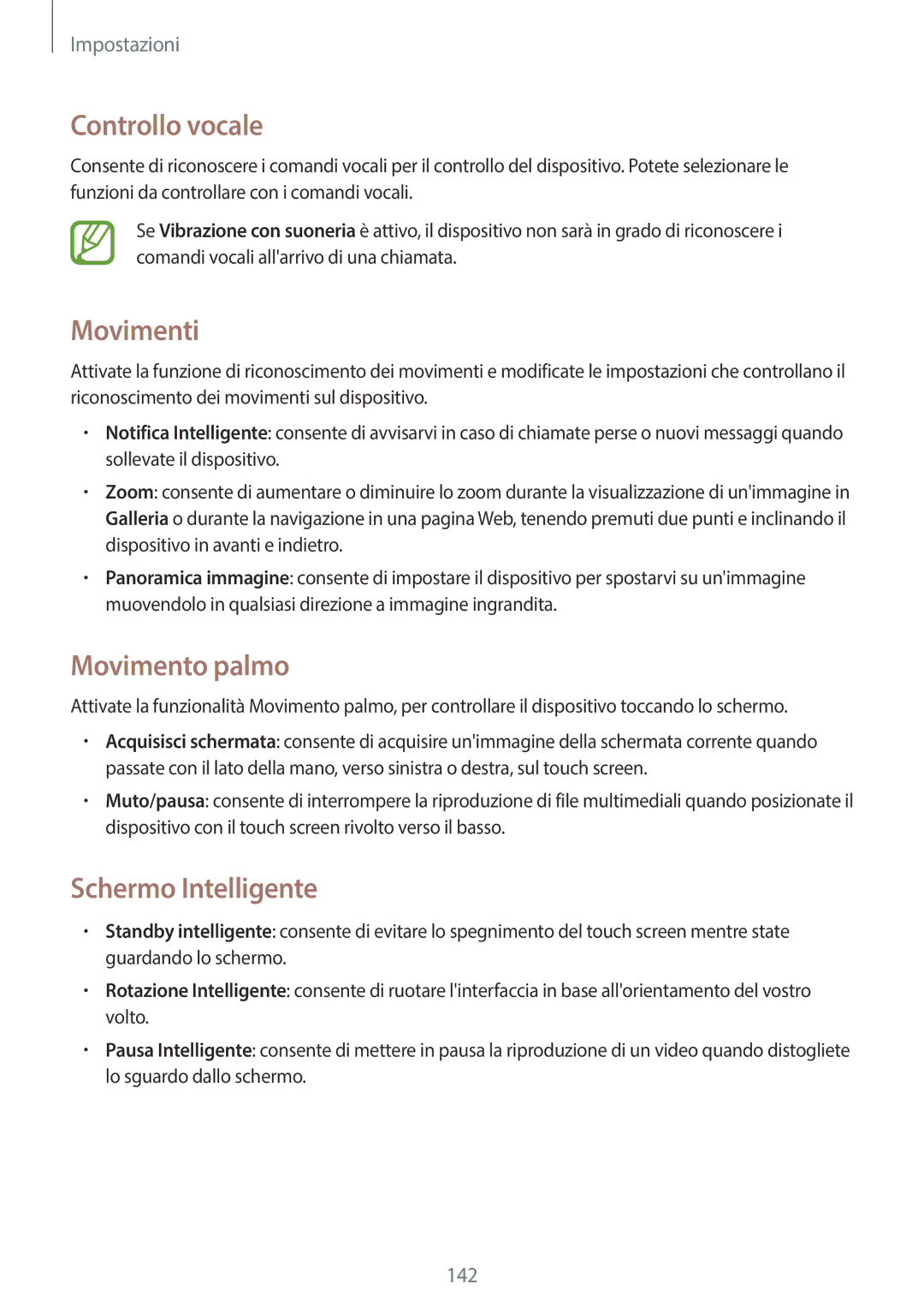 Samsung SM-T525NZWAITV manual Controllo vocale, Movimenti, Movimento palmo, Schermo Intelligente 