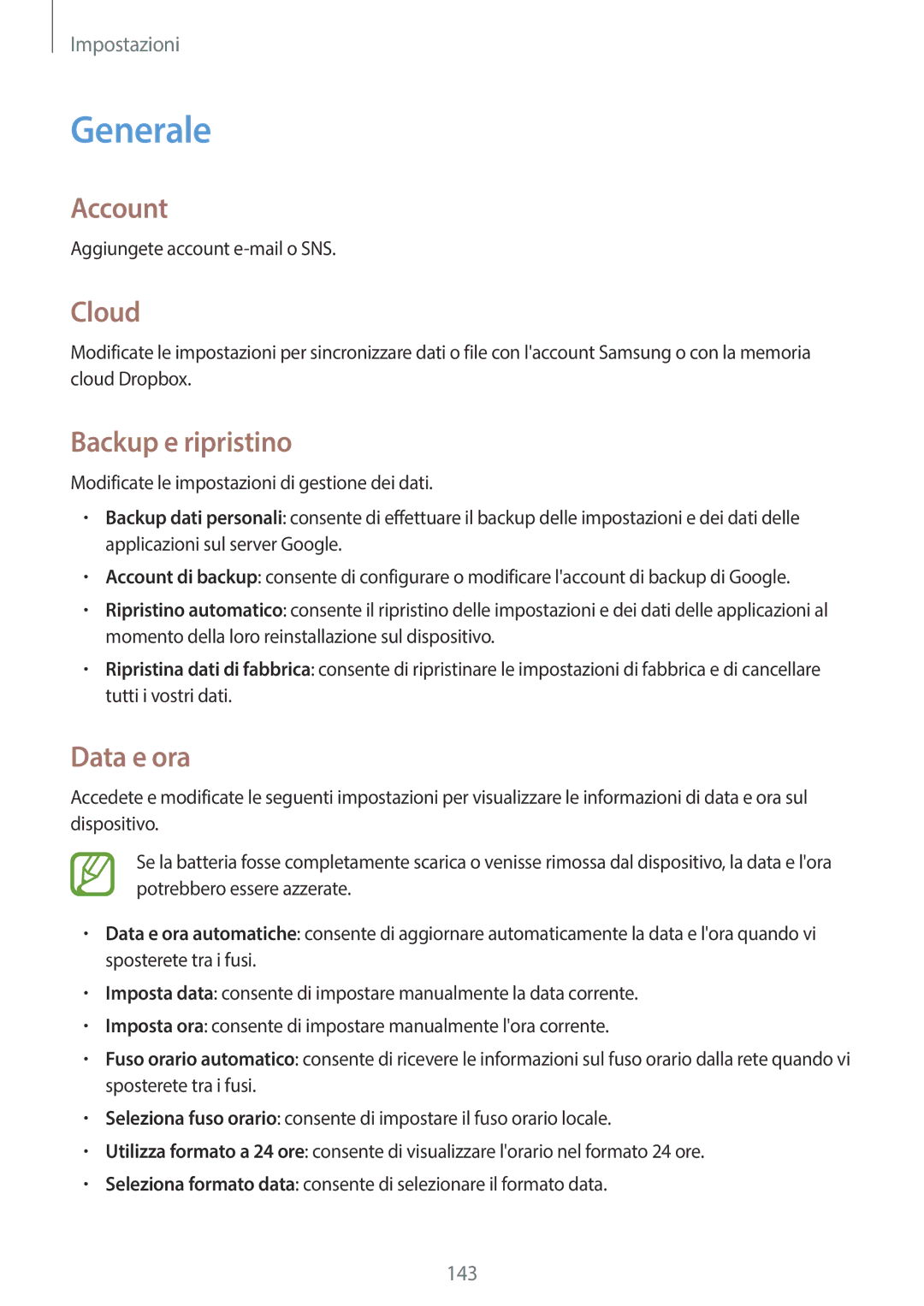 Samsung SM-T525NZWAITV manual Generale, Account, Cloud, Backup e ripristino, Data e ora 