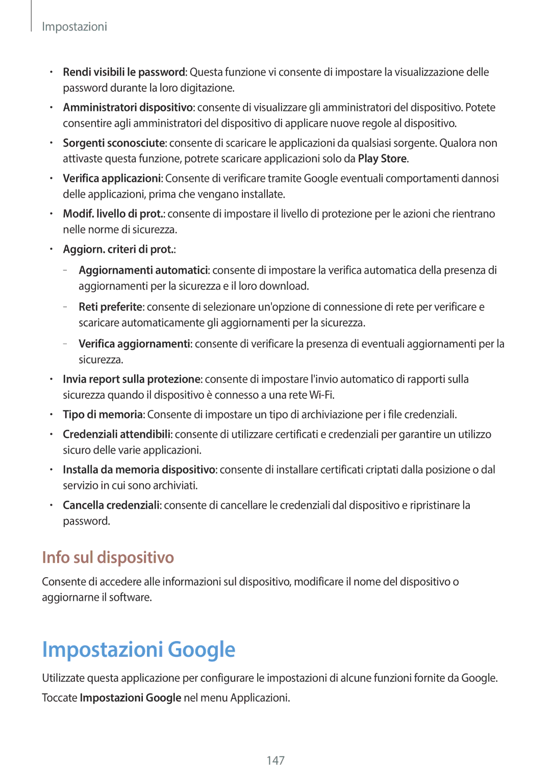 Samsung SM-T525NZWAITV manual Impostazioni Google, Info sul dispositivo, Aggiorn. criteri di prot 