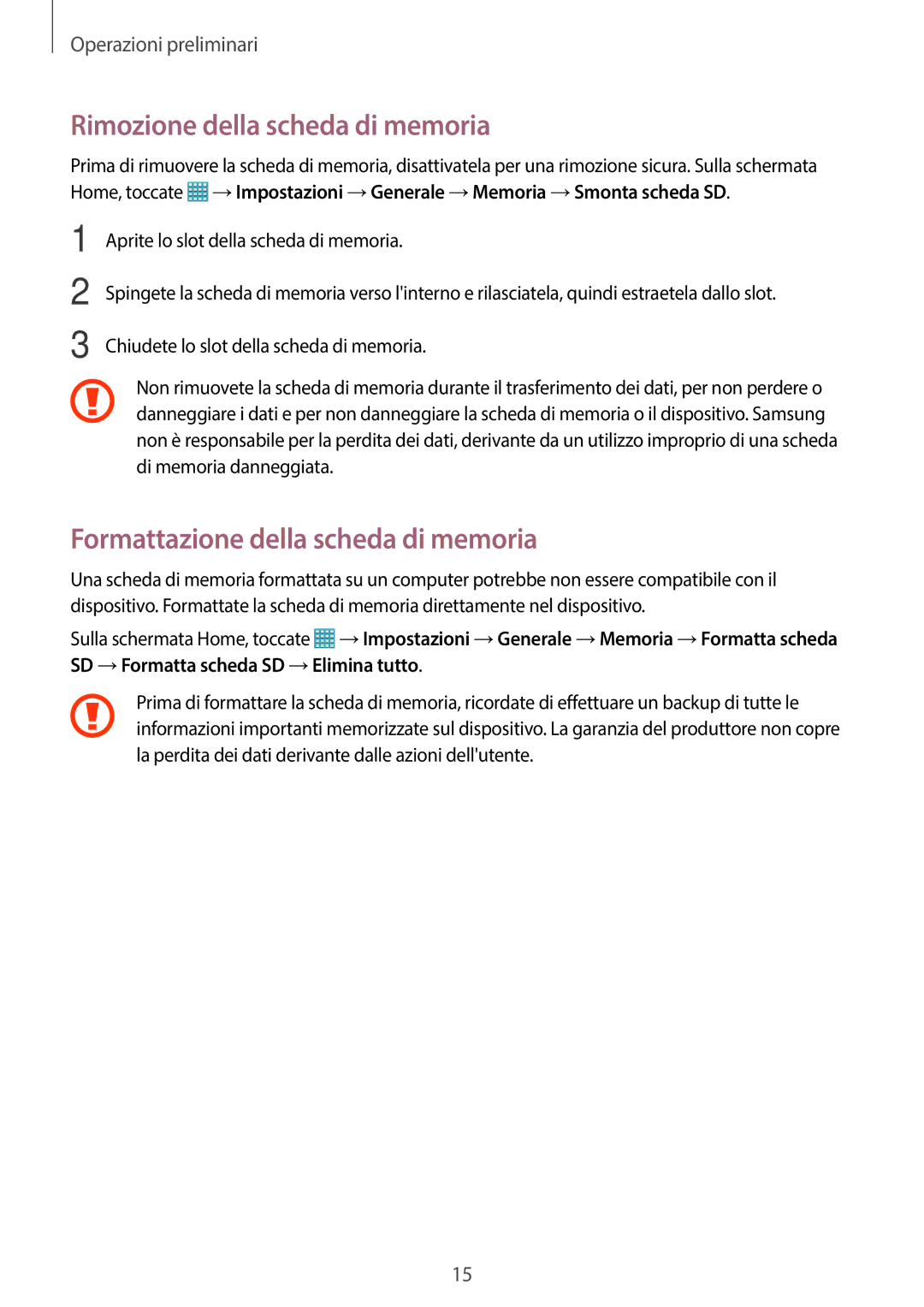 Samsung SM-T525NZWAITV manual Rimozione della scheda di memoria, Formattazione della scheda di memoria 