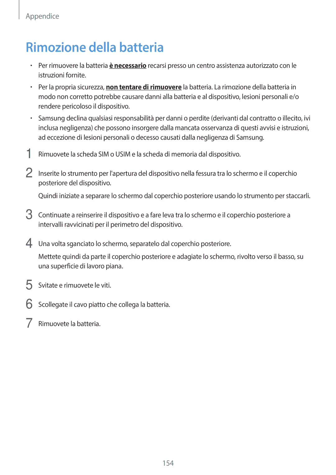 Samsung SM-T525NZWAITV manual Rimozione della batteria, 154 