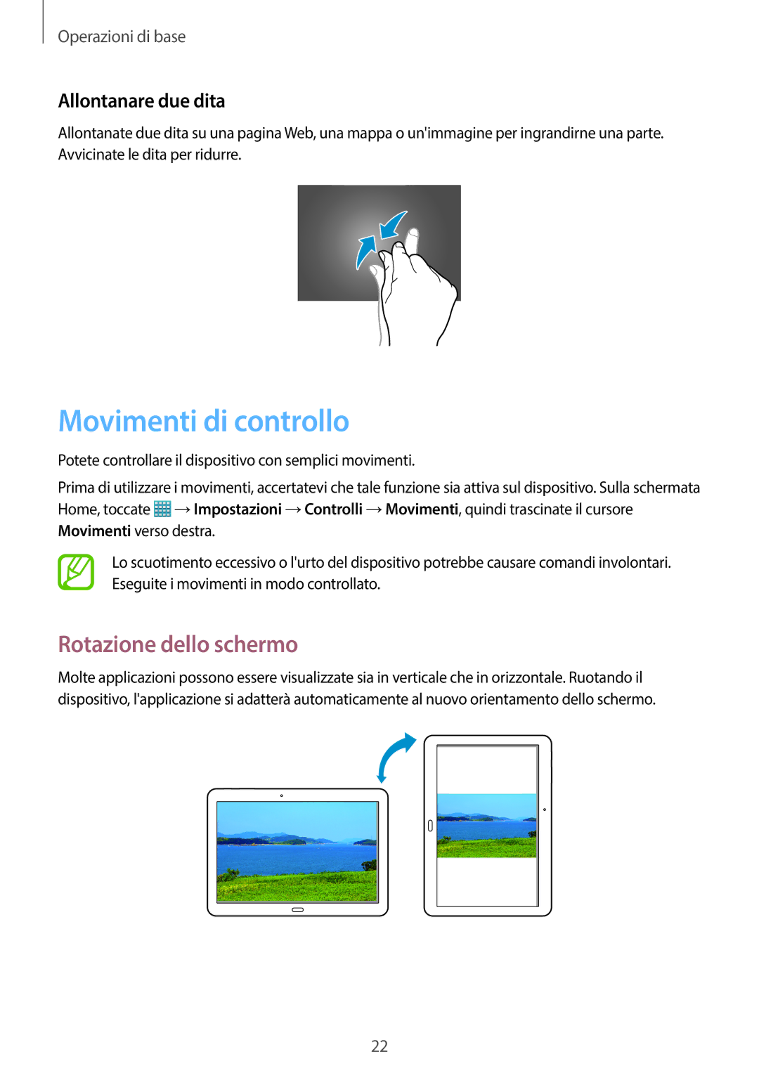 Samsung SM-T525NZWAITV manual Movimenti di controllo, Rotazione dello schermo, Allontanare due dita 