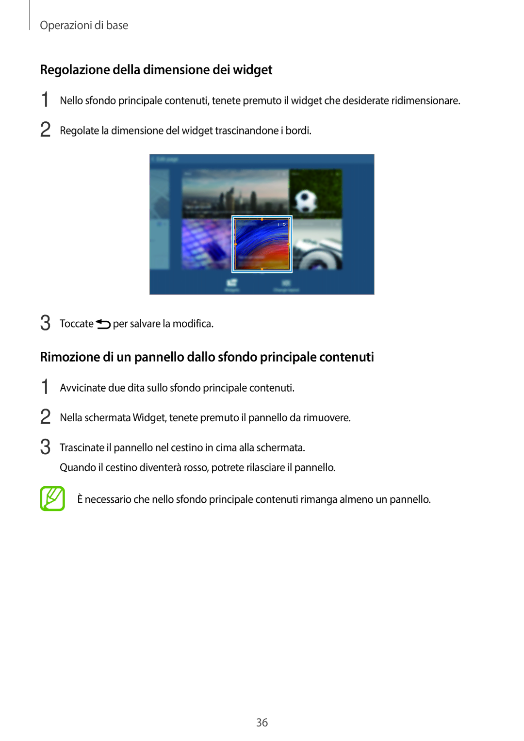 Samsung SM-T525NZWAITV Regolazione della dimensione dei widget, Rimozione di un pannello dallo sfondo principale contenuti 