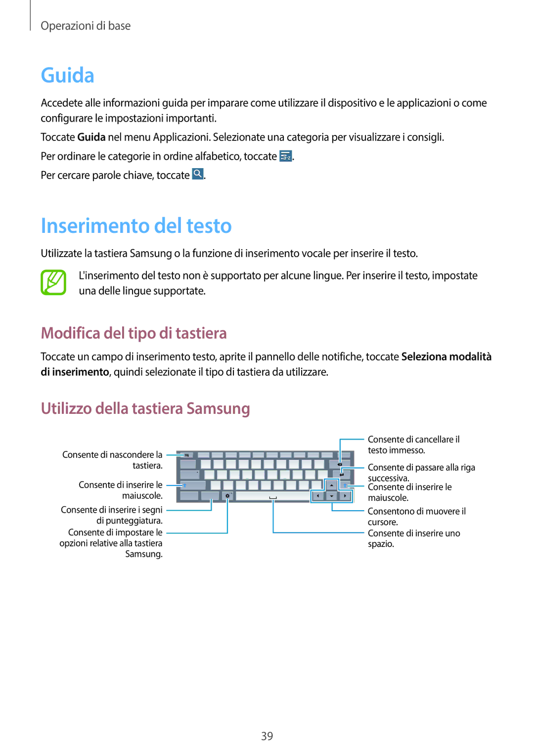 Samsung SM-T525NZWAITV manual Guida, Inserimento del testo, Modifica del tipo di tastiera 