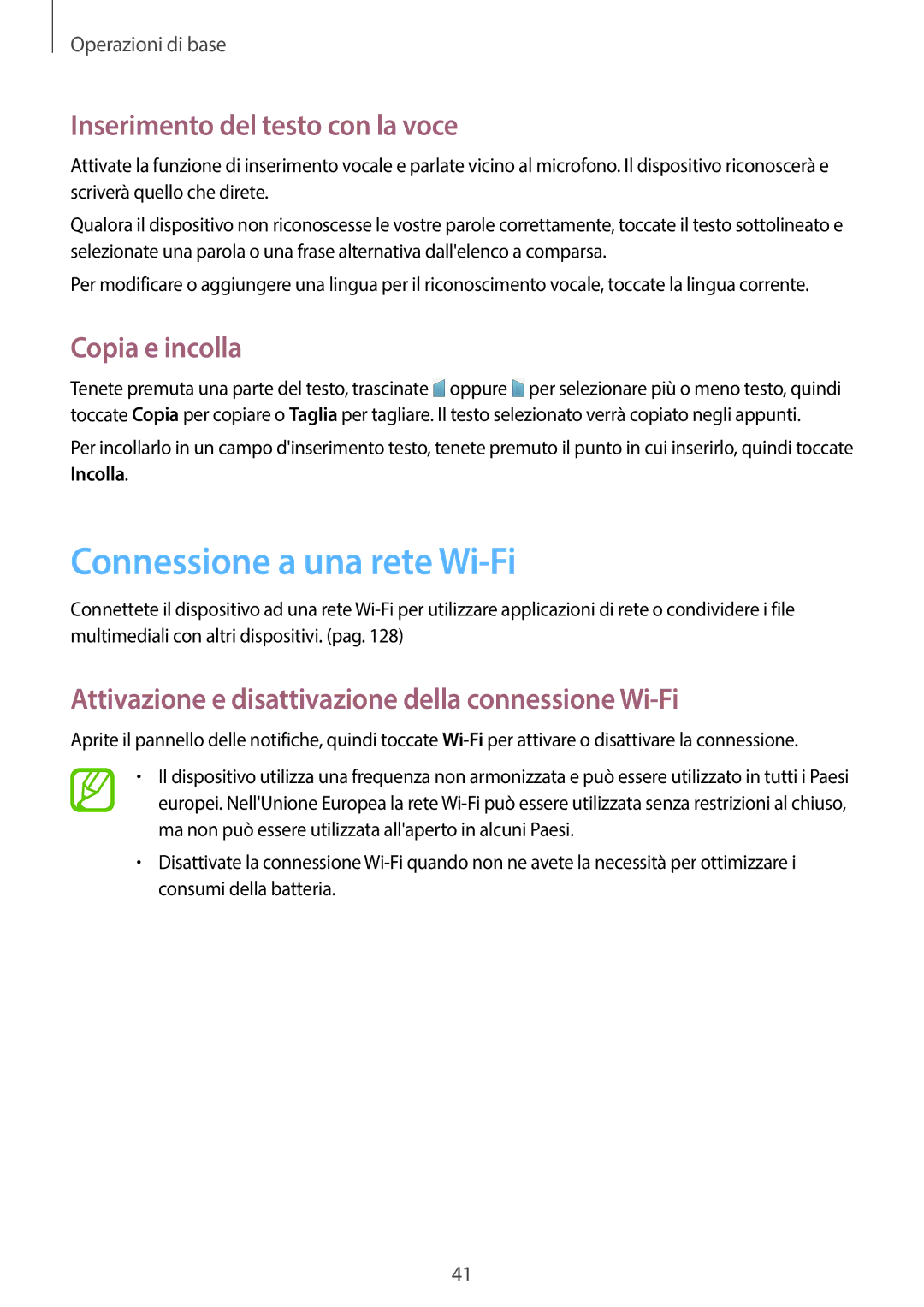 Samsung SM-T525NZWAITV manual Connessione a una rete Wi-Fi, Inserimento del testo con la voce, Copia e incolla 