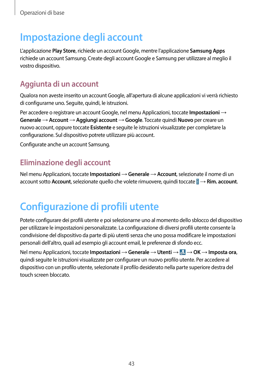 Samsung SM-T525NZWAITV manual Impostazione degli account, Configurazione di profili utente, Aggiunta di un account 