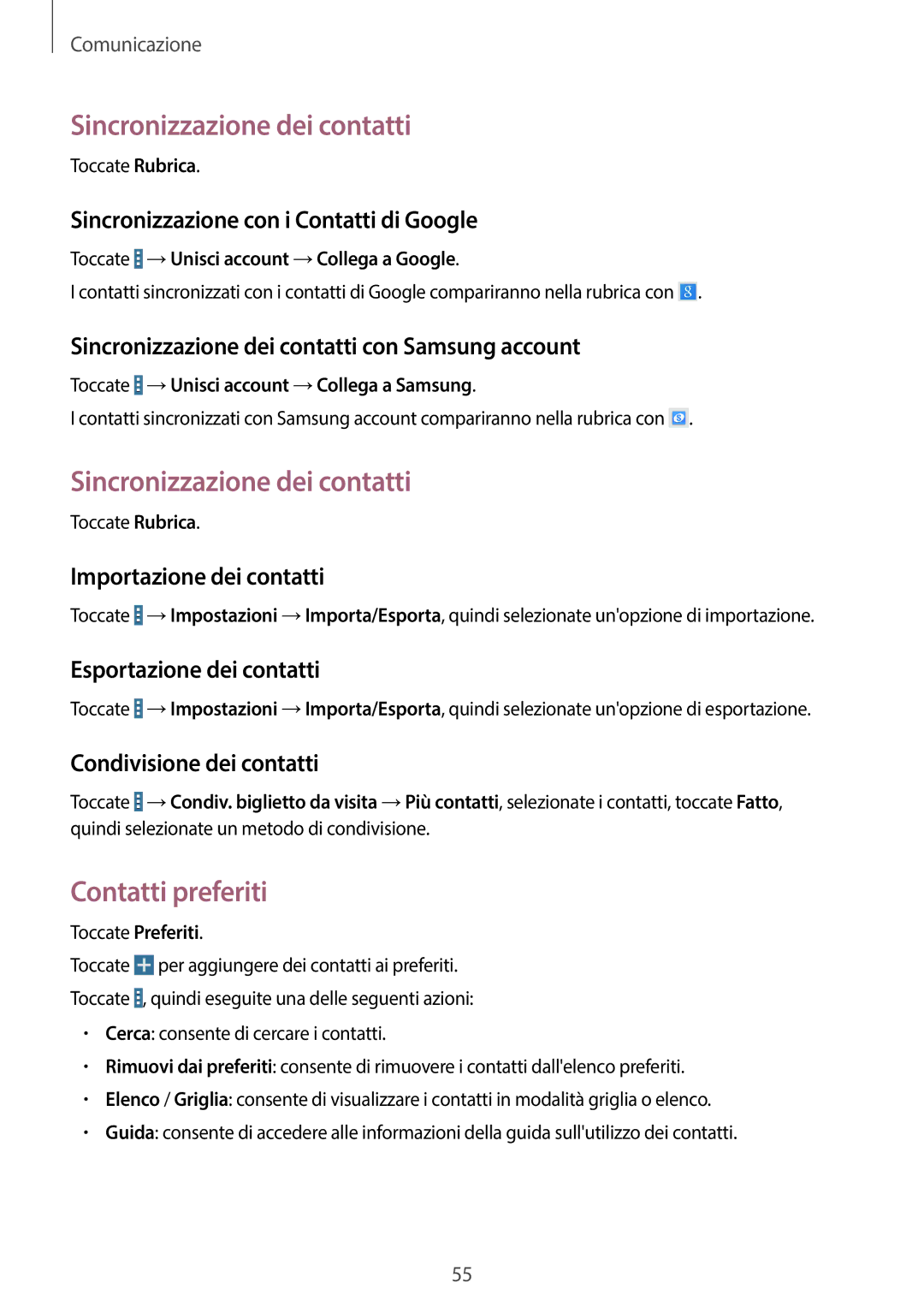 Samsung SM-T525NZWAITV manual Sincronizzazione dei contatti, Contatti preferiti 