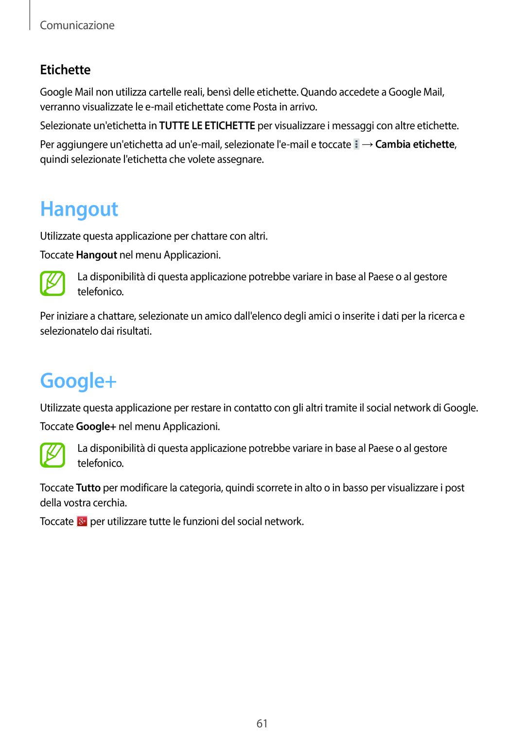 Samsung SM-T525NZWAITV manual Hangout, Google+, Etichette 