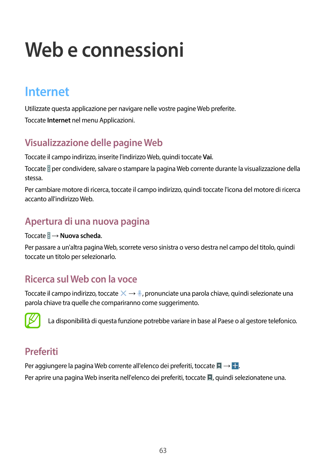 Samsung SM-T525NZWAITV manual Internet, Visualizzazione delle pagine Web, Apertura di una nuova pagina, Preferiti 