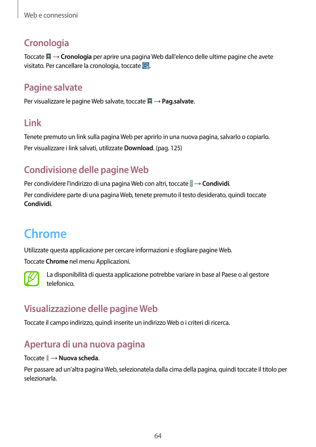 Samsung SM-T525NZWAITV manual Chrome, Cronologia, Pagine salvate, Link, Condivisione delle pagine Web 
