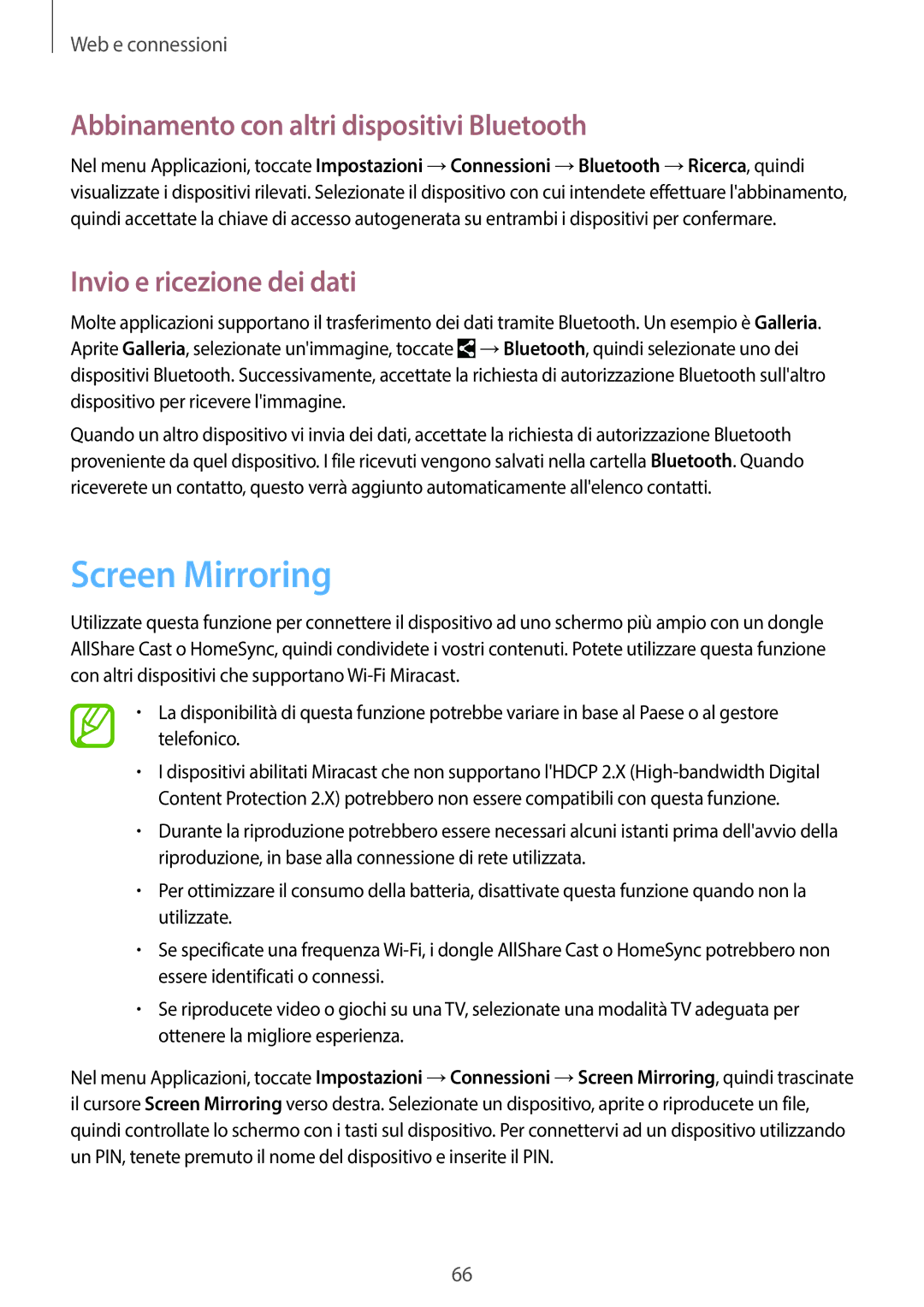 Samsung SM-T525NZWAITV manual Screen Mirroring, Abbinamento con altri dispositivi Bluetooth, Invio e ricezione dei dati 