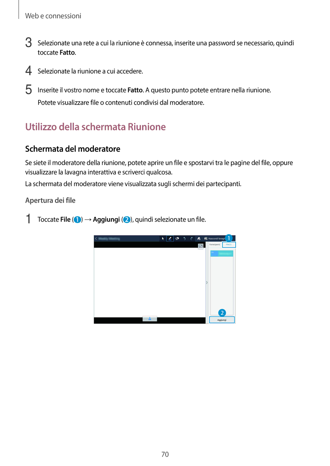 Samsung SM-T525NZWAITV manual Utilizzo della schermata Riunione, Schermata del moderatore 