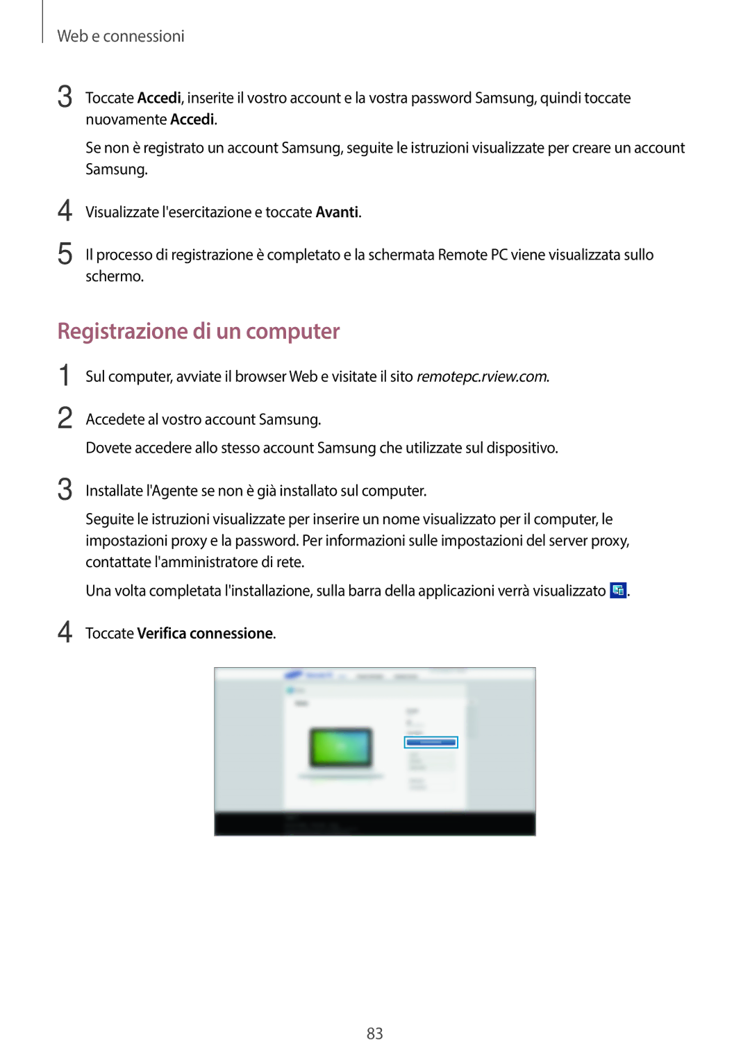 Samsung SM-T525NZWAITV manual Registrazione di un computer, Toccate Verifica connessione 