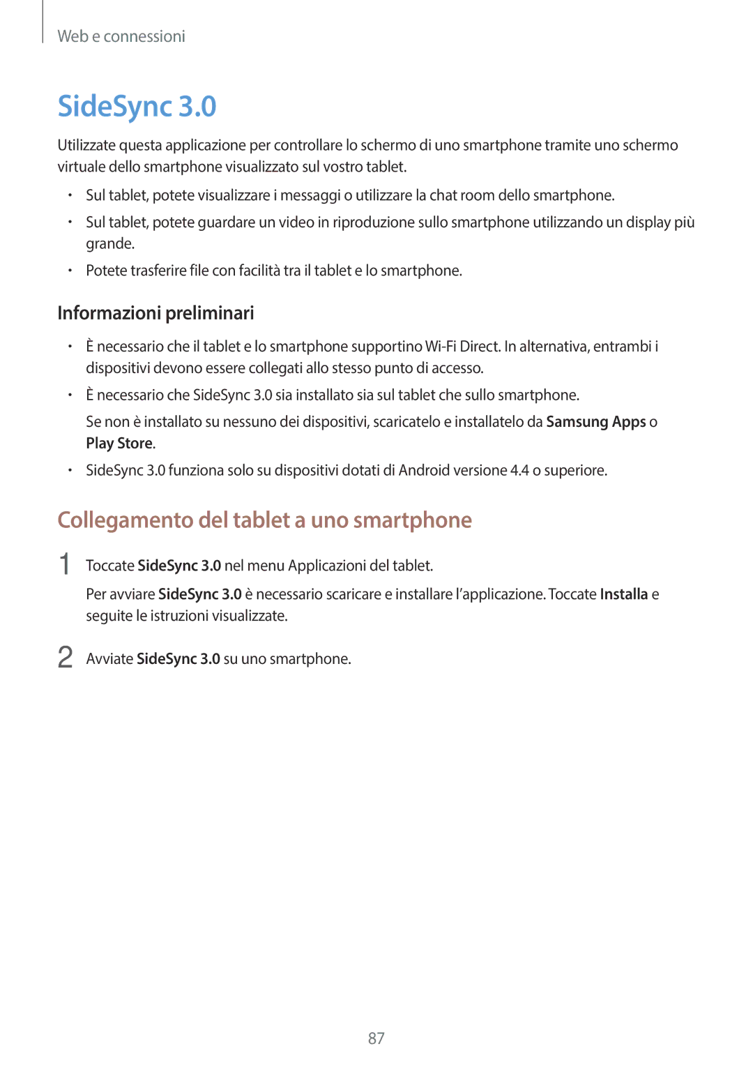 Samsung SM-T525NZWAITV manual SideSync, Collegamento del tablet a uno smartphone 