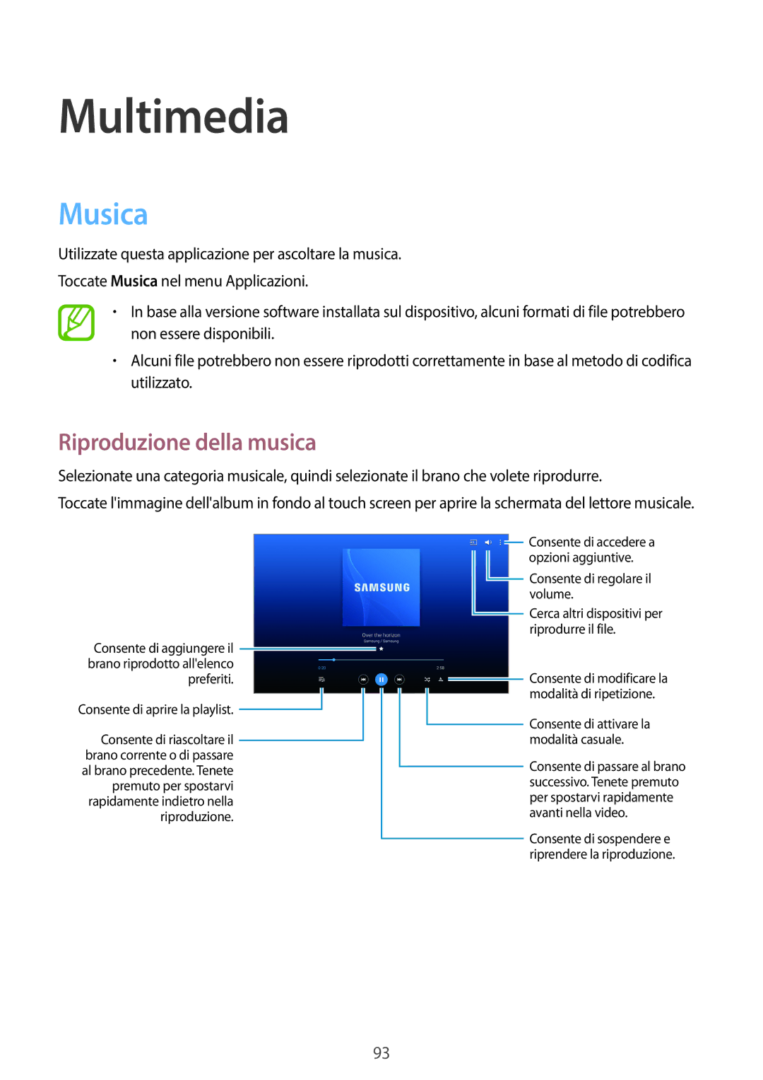 Samsung SM-T525NZWAITV manual Musica, Riproduzione della musica 