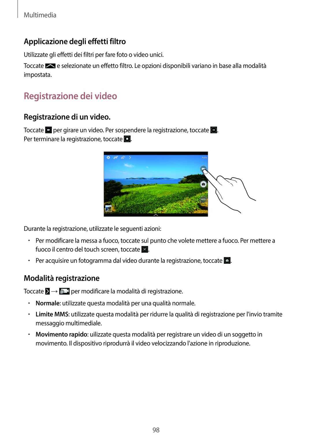 Samsung SM-T525NZWAITV manual Registrazione dei video, Applicazione degli effetti filtro, Registrazione di un video 