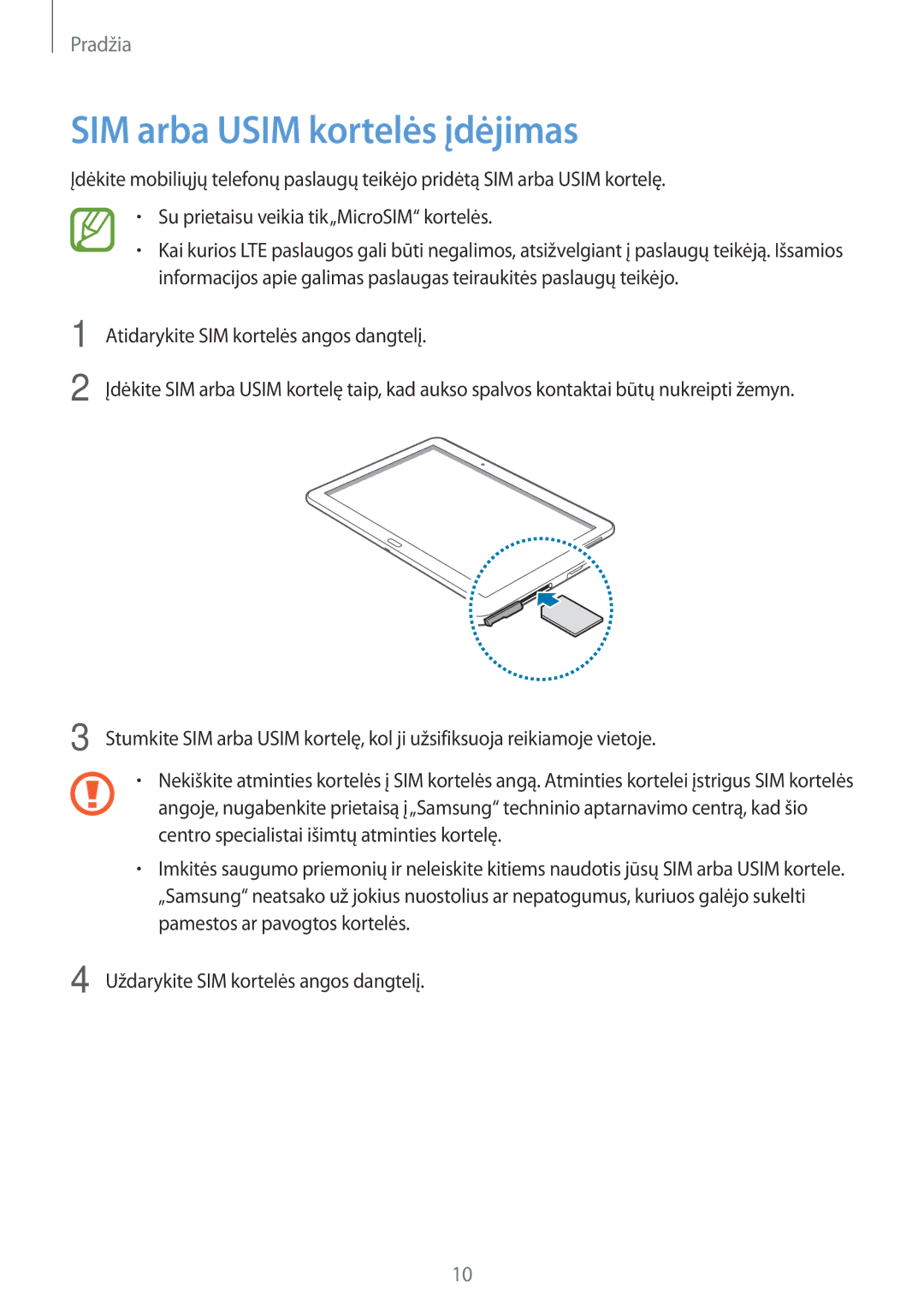 Samsung SM-T525NZWASEB, SM-T525NZKASEB manual SIM arba Usim kortelės įdėjimas 