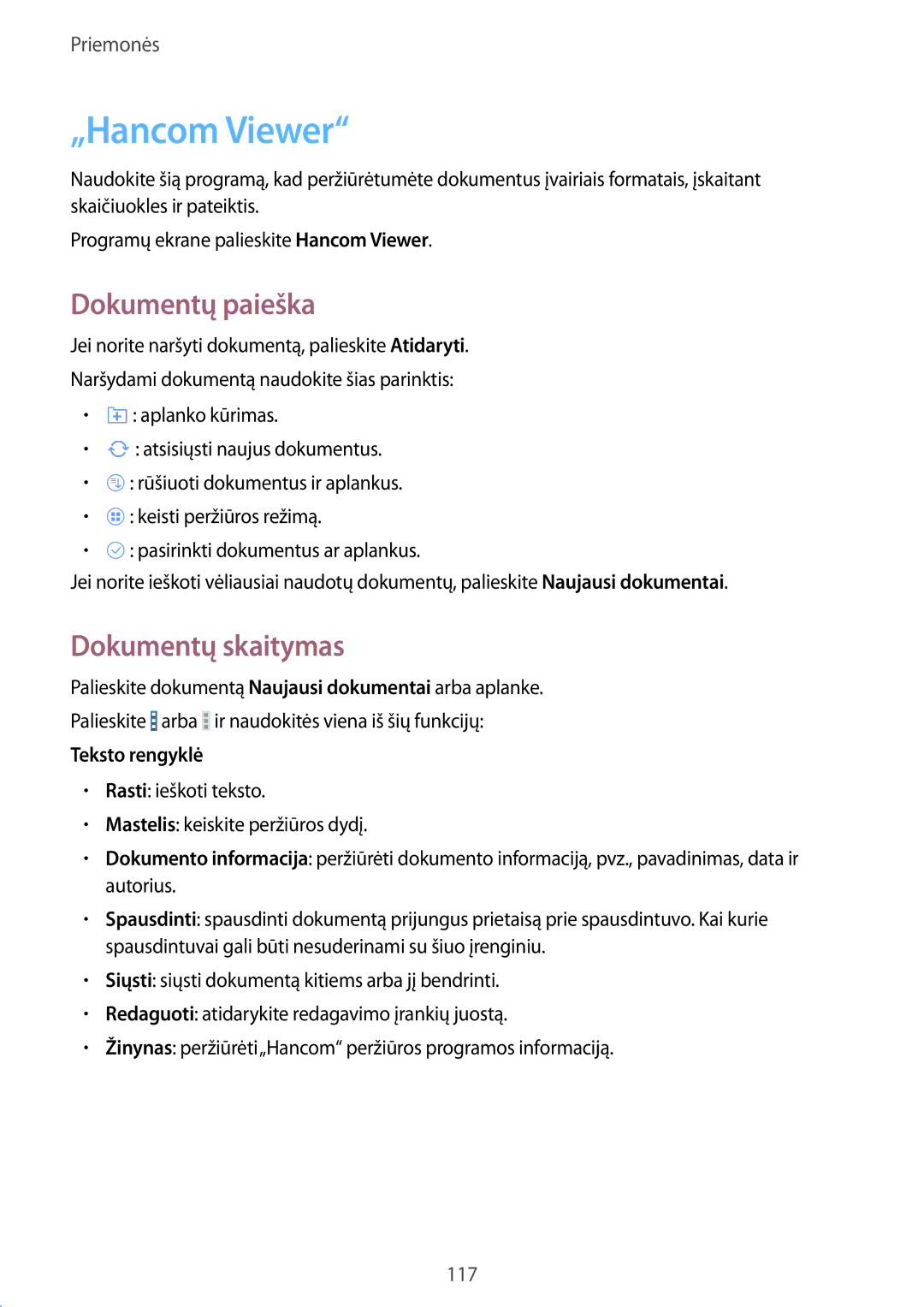 Samsung SM-T525NZKASEB, SM-T525NZWASEB manual „Hancom Viewer, Dokumentų paieška, Dokumentų skaitymas, Teksto rengyklė 