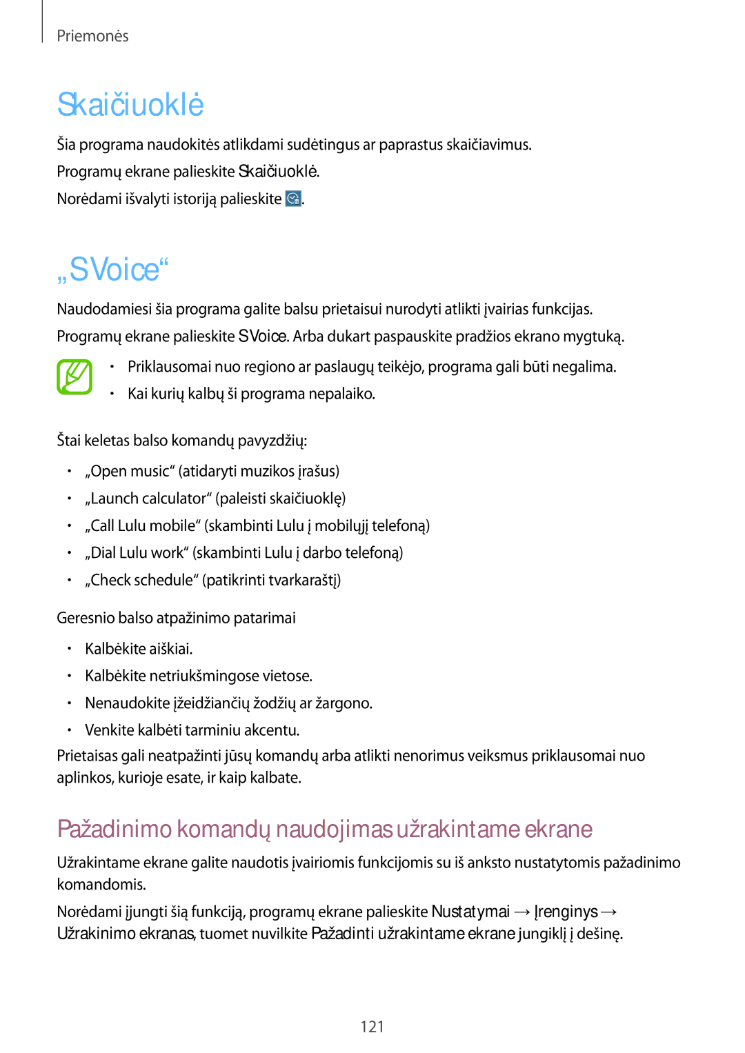 Samsung SM-T525NZKASEB, SM-T525NZWASEB manual Skaičiuoklė, „S Voice, Pažadinimo komandų naudojimas užrakintame ekrane 