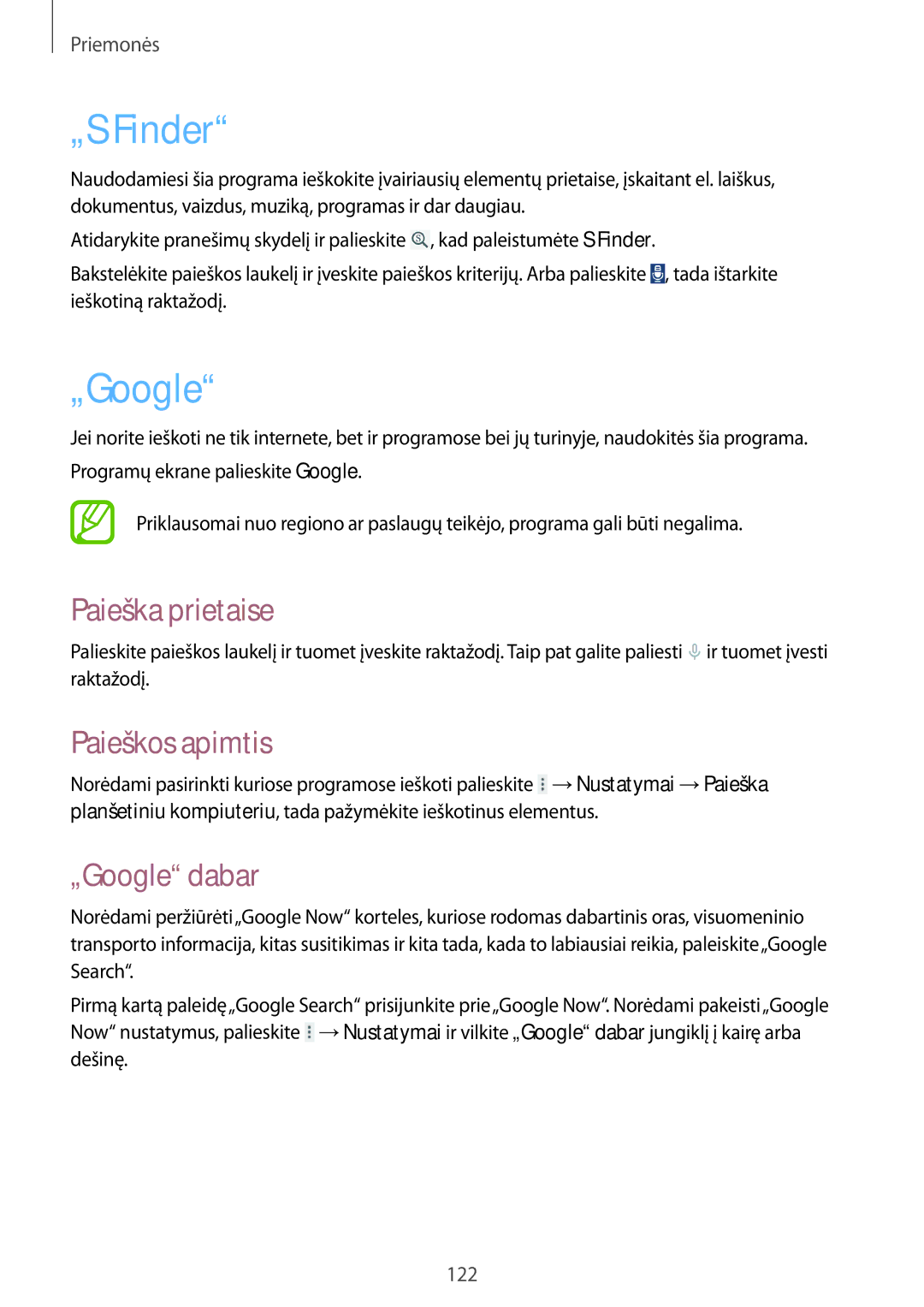 Samsung SM-T525NZWASEB, SM-T525NZKASEB manual „S Finder, Paieška prietaise, Paieškos apimtis, „Google dabar 