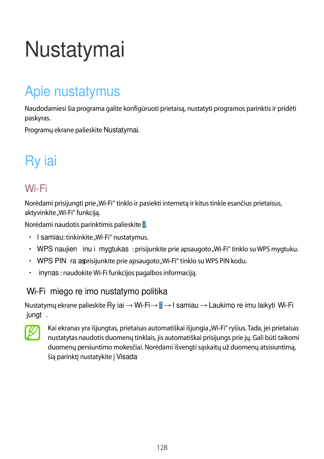 Samsung SM-T525NZWASEB, SM-T525NZKASEB manual Apie nustatymus, Ryšiai, „Wi-Fi miego režimo nustatymo politika 