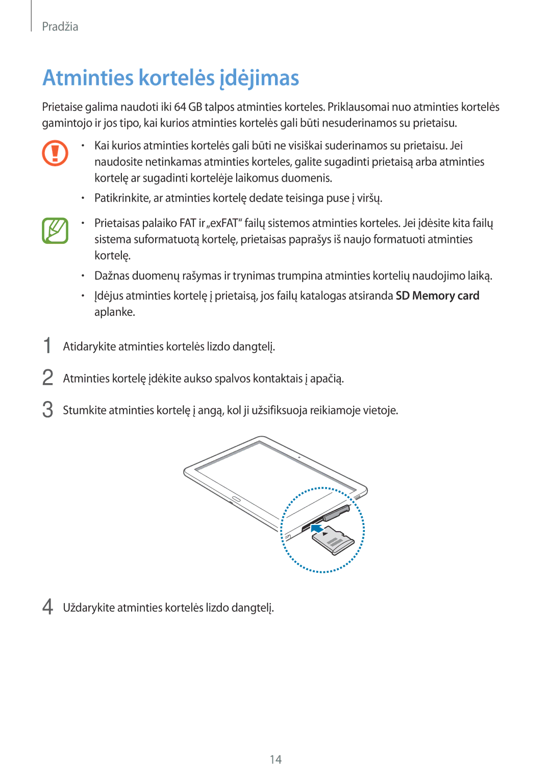 Samsung SM-T525NZWASEB, SM-T525NZKASEB manual Atminties kortelės įdėjimas 