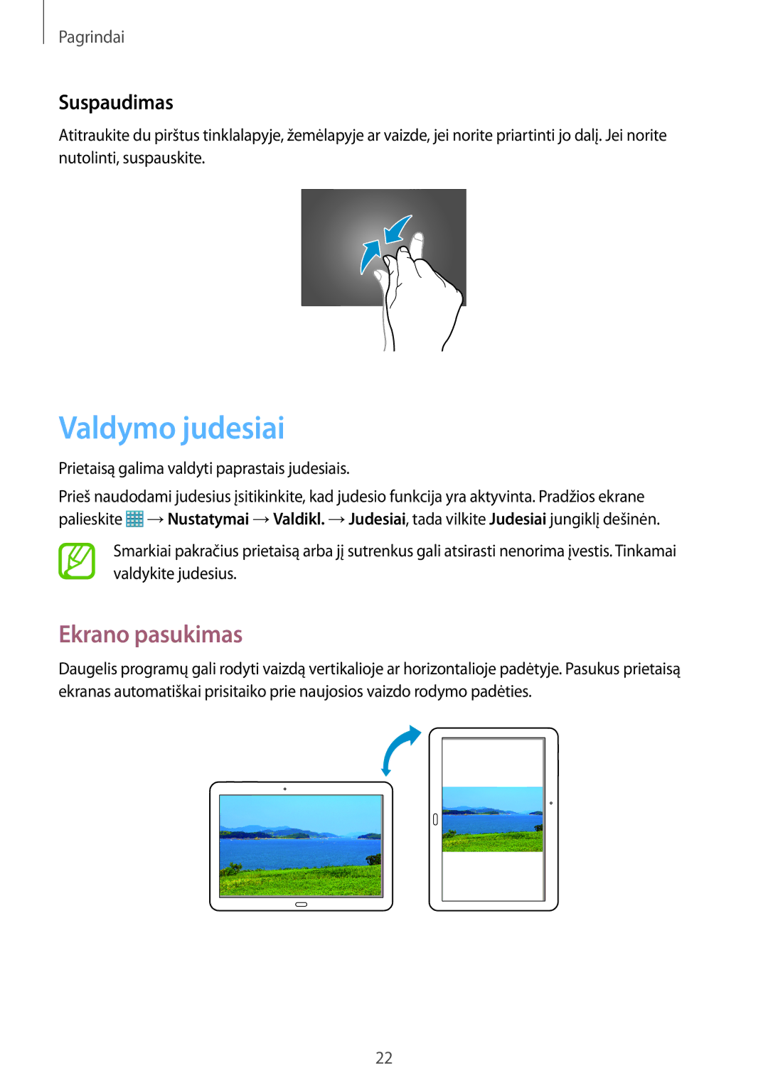 Samsung SM-T525NZWASEB, SM-T525NZKASEB manual Valdymo judesiai, Ekrano pasukimas, Suspaudimas 