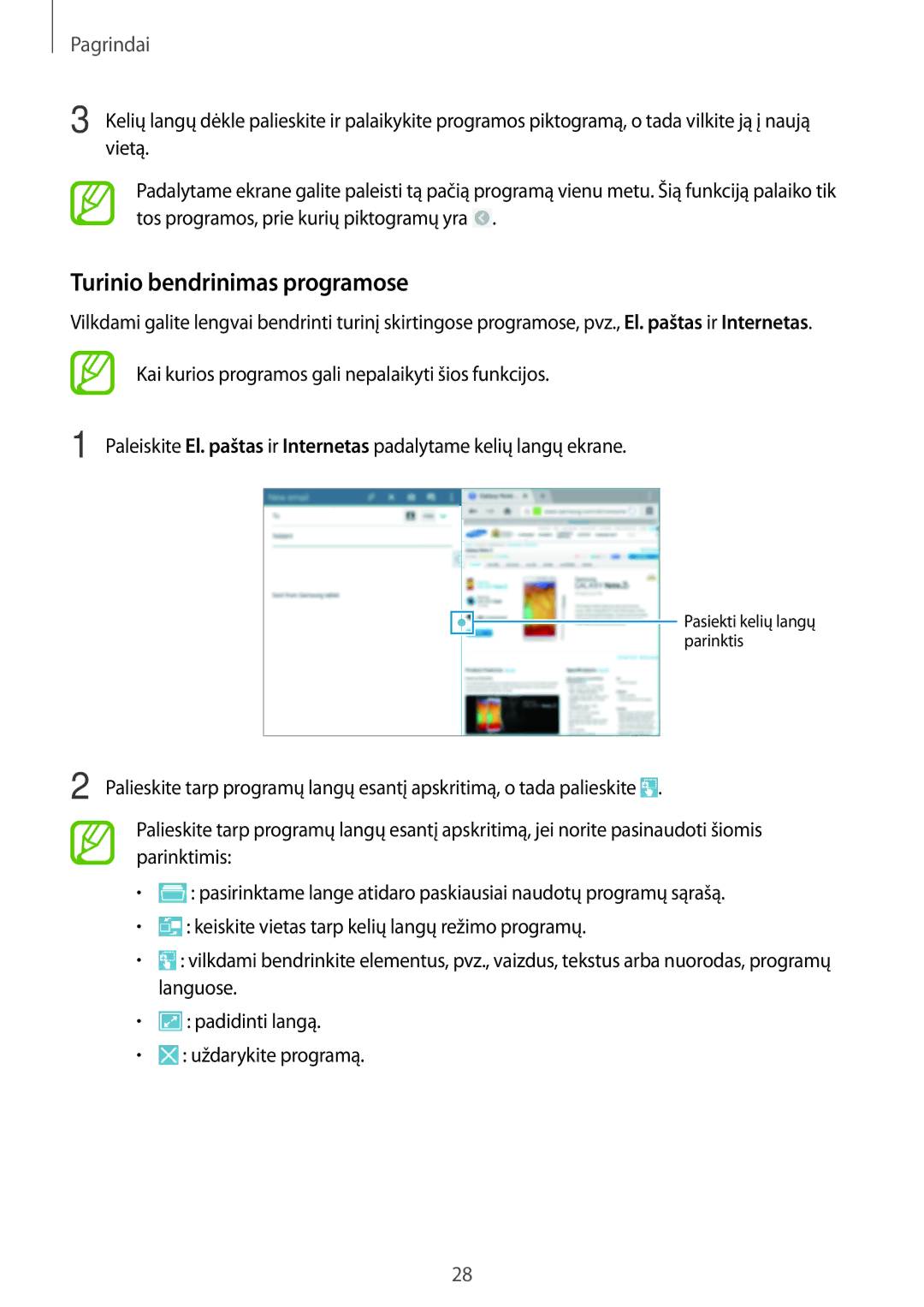 Samsung SM-T525NZWASEB, SM-T525NZKASEB manual Turinio bendrinimas programose 