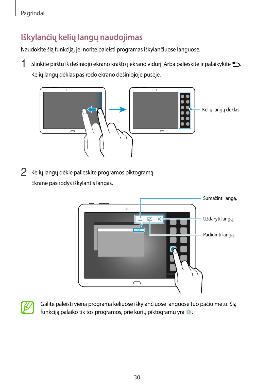 Samsung SM-T525NZWASEB manual Iškylančių kelių langų naudojimas, Kelių langų dėklas pasirodo ekrano dešiniojoje pusėje 