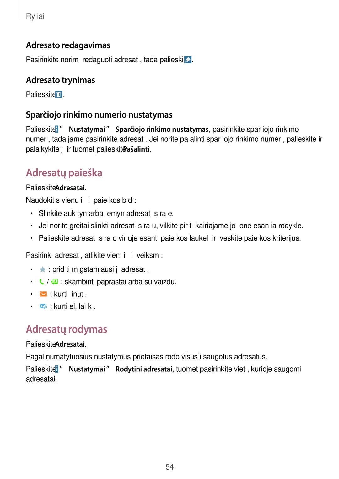 Samsung SM-T525NZWASEB, SM-T525NZKASEB manual Adresatų paieška, Adresatų rodymas, Adresato redagavimas, Adresato trynimas 