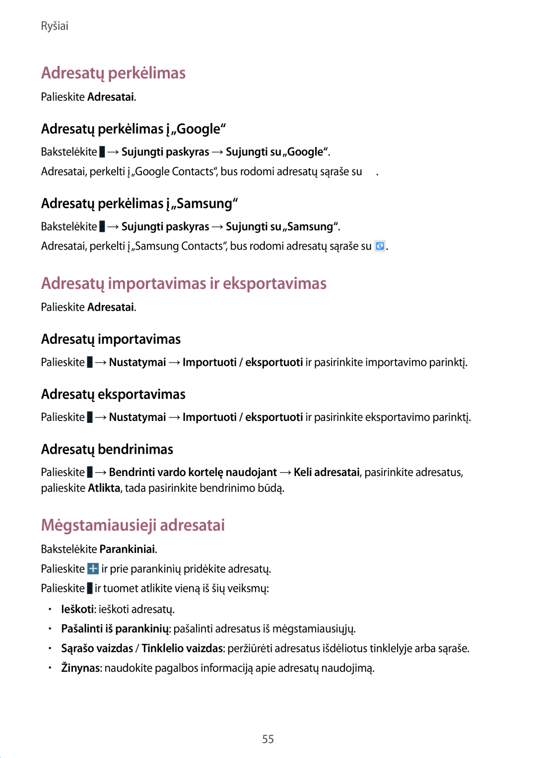 Samsung SM-T525NZKASEB manual Adresatų perkėlimas, Adresatų importavimas ir eksportavimas, Mėgstamiausieji adresatai 