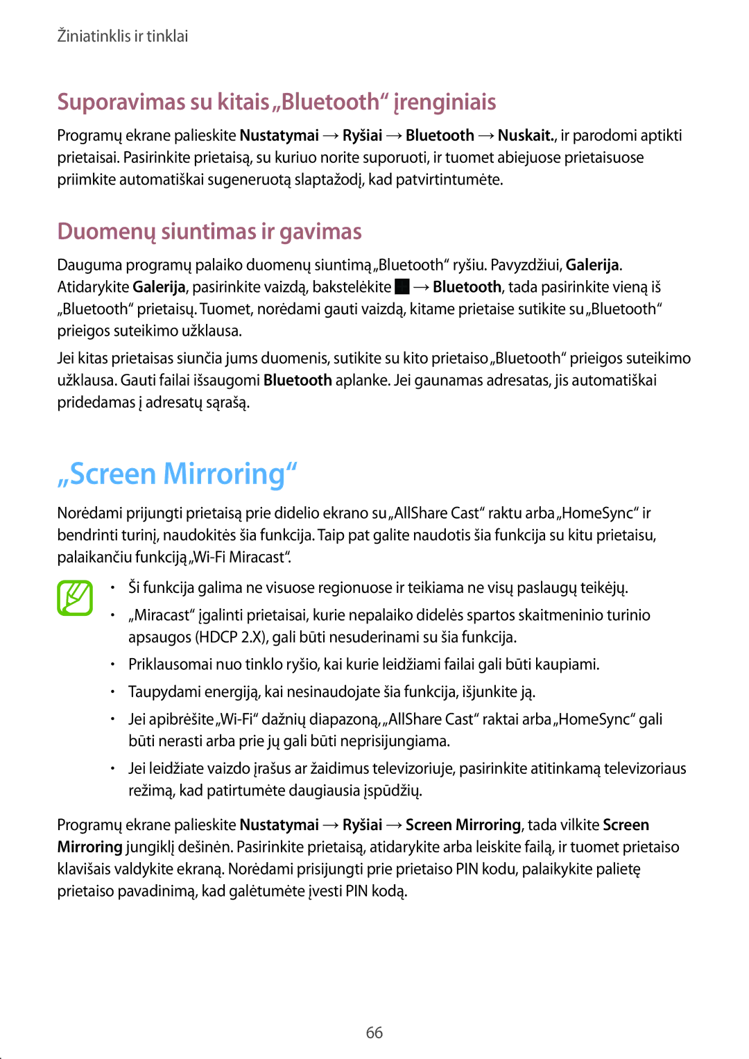 Samsung SM-T525NZWASEB manual „Screen Mirroring, Suporavimas su kitais„Bluetooth įrenginiais, Duomenų siuntimas ir gavimas 