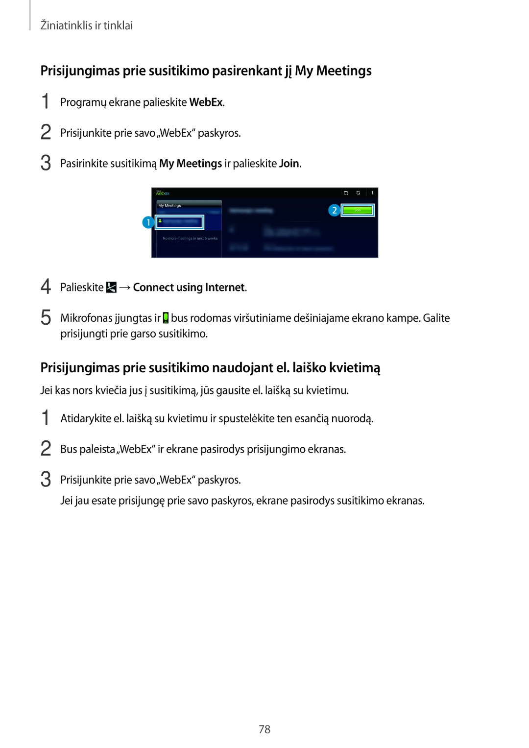 Samsung SM-T525NZWASEB, SM-T525NZKASEB manual Prisijungimas prie susitikimo pasirenkant jį My Meetings 