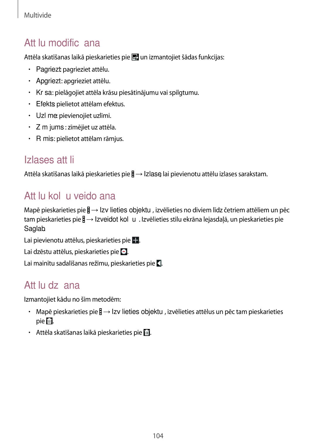 Samsung SM-T525NZWASEB, SM-T525NZKASEB manual Attēlu modificēšana, Izlases attēli, Attēlu kolāžu veidošana, Attēlu dzēšana 