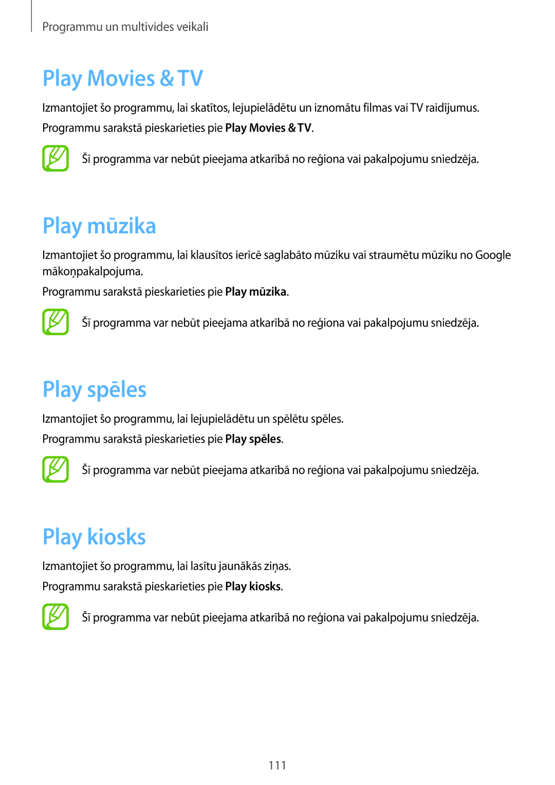 Samsung SM-T525NZKASEB, SM-T525NZWASEB manual Play Movies & TV, Play mūzika, Play spēles, Play kiosks 