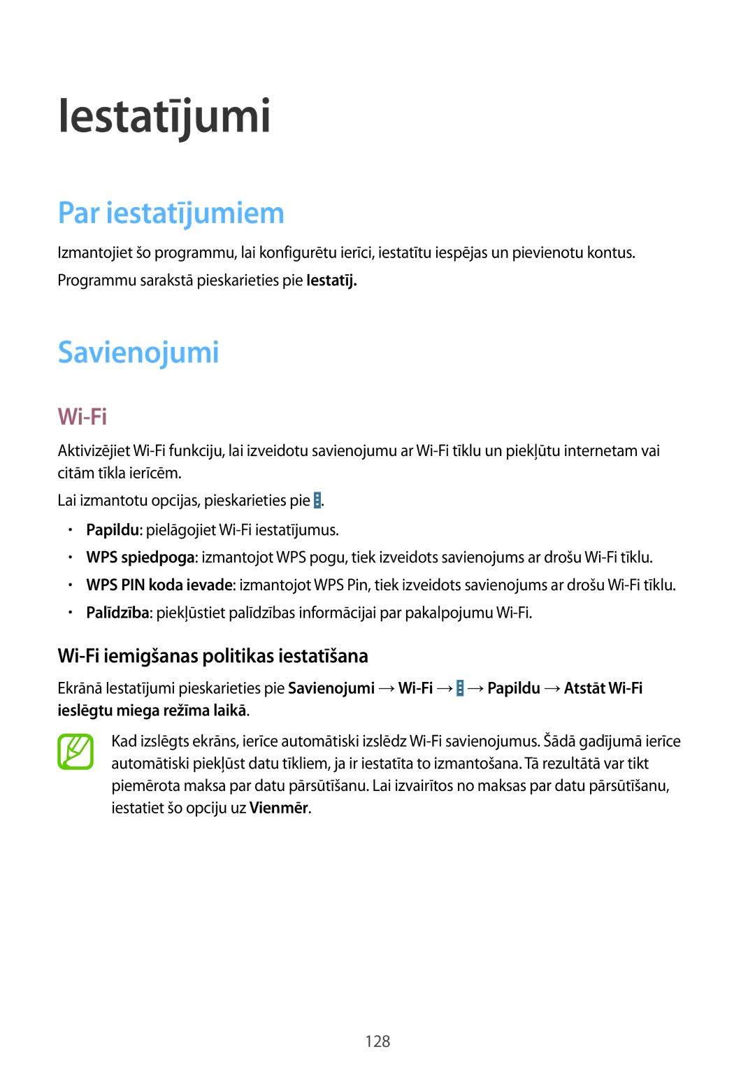 Samsung SM-T525NZWASEB manual Iestatījumi, Par iestatījumiem, Savienojumi, Wi-Fi iemigšanas politikas iestatīšana 
