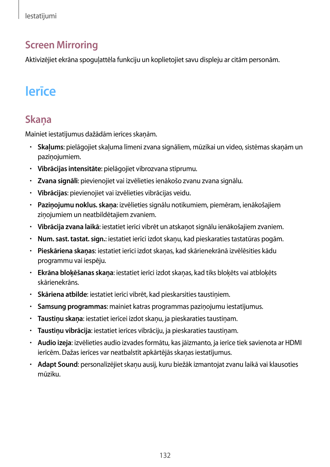 Samsung SM-T525NZWASEB, SM-T525NZKASEB manual Ierīce, Screen Mirroring, Skaņa 