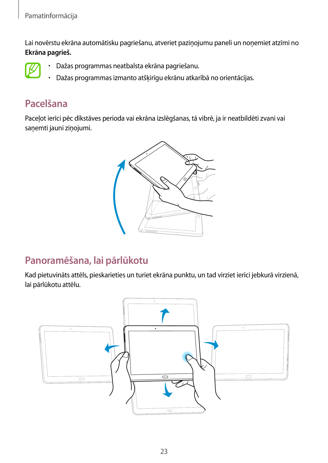 Samsung SM-T525NZKASEB, SM-T525NZWASEB manual Pacelšana, Panoramēšana, lai pārlūkotu, Ekrāna pagrieš 