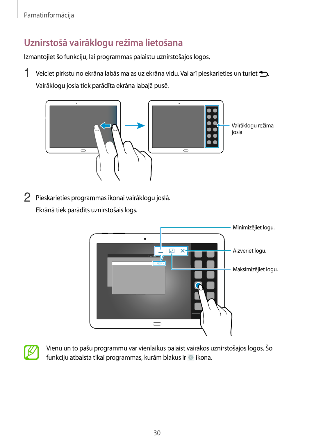 Samsung SM-T525NZWASEB manual Uznirstošā vairāklogu režīma lietošana, Vairāklogu josla tiek parādīta ekrāna labajā pusē 