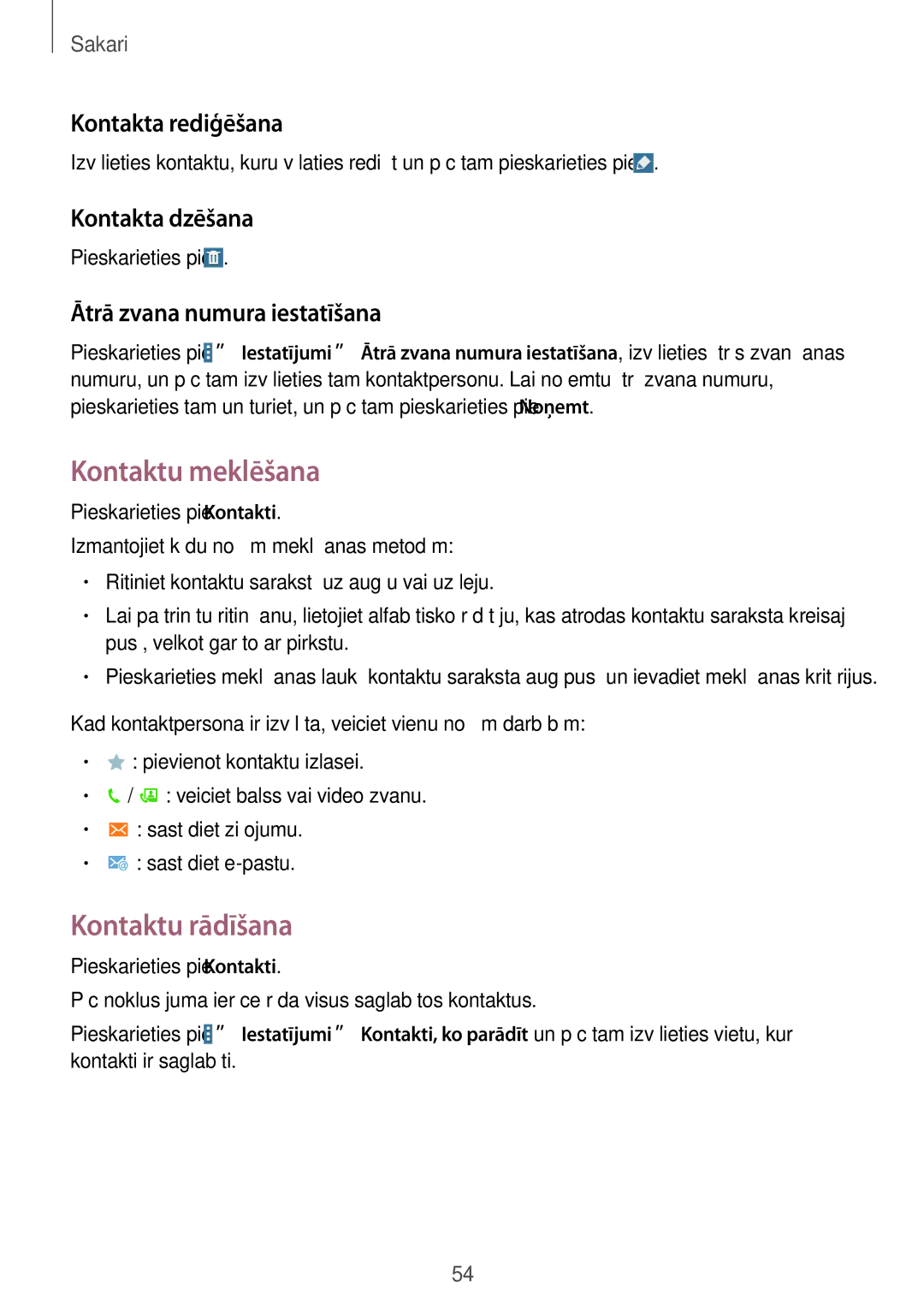 Samsung SM-T525NZWASEB, SM-T525NZKASEB manual Kontaktu meklēšana, Kontaktu rādīšana, Kontakta rediģēšana, Kontakta dzēšana 