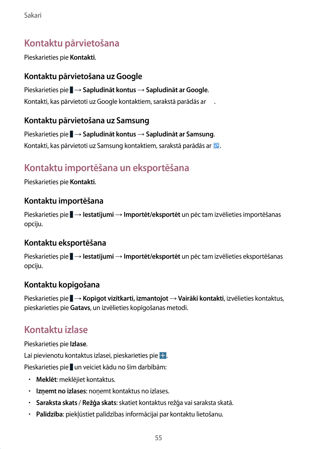 Samsung SM-T525NZKASEB, SM-T525NZWASEB manual Kontaktu pārvietošana, Kontaktu importēšana un eksportēšana, Kontaktu izlase 