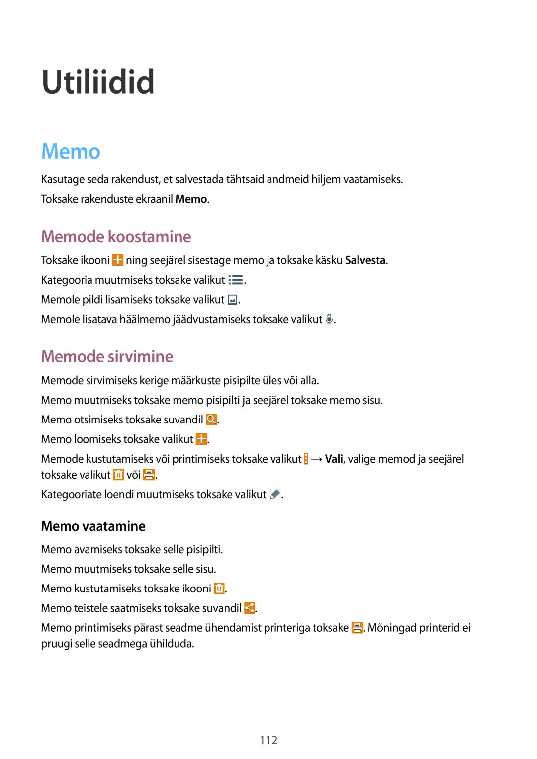 Samsung SM-T525NZWASEB, SM-T525NZKASEB manual Memode koostamine, Memode sirvimine, Memo vaatamine 