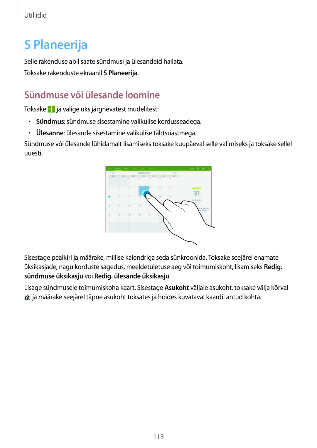 Samsung SM-T525NZKASEB, SM-T525NZWASEB manual Planeerija, Sündmuse või ülesande loomine 