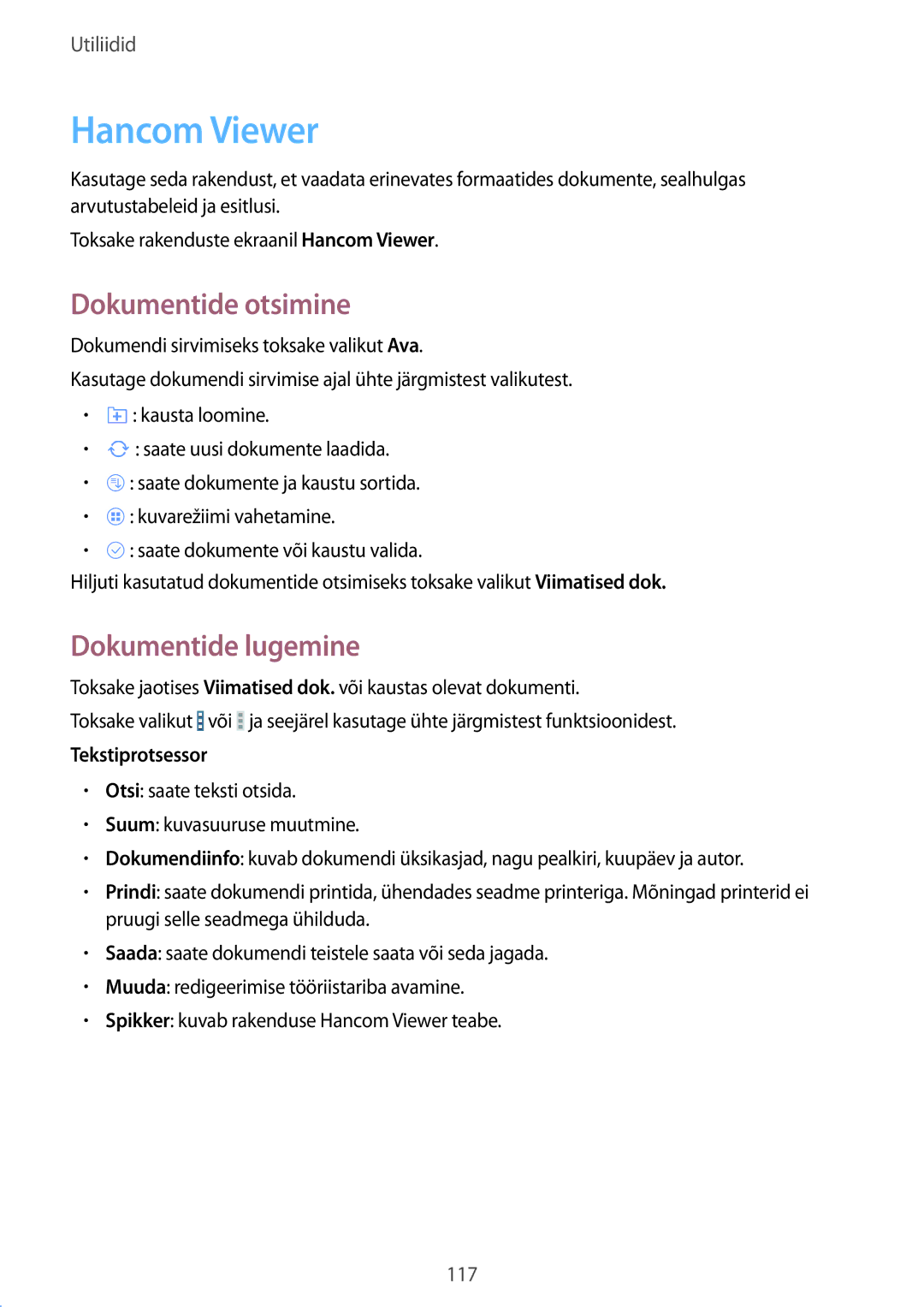 Samsung SM-T525NZKASEB, SM-T525NZWASEB manual Hancom Viewer, Dokumentide otsimine, Dokumentide lugemine, Tekstiprotsessor 