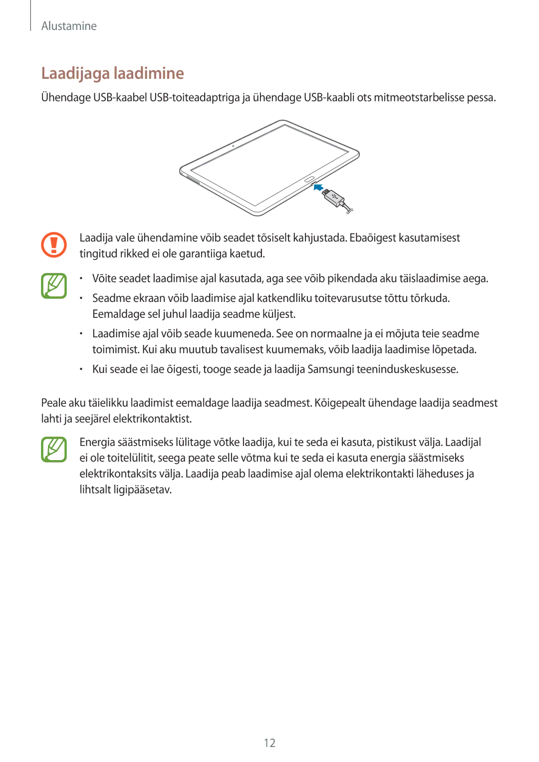 Samsung SM-T525NZWASEB, SM-T525NZKASEB manual Laadijaga laadimine 