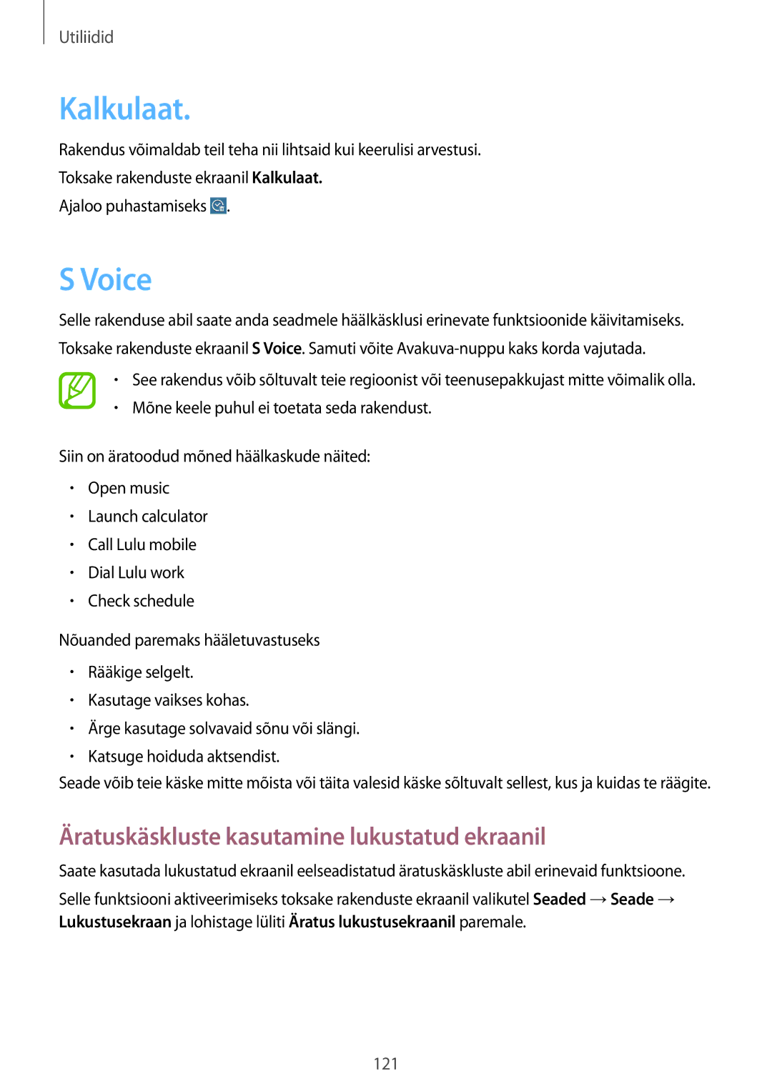 Samsung SM-T525NZKASEB, SM-T525NZWASEB manual Kalkulaat, Voice, Äratuskäskluste kasutamine lukustatud ekraanil 