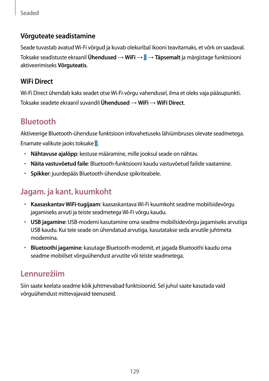 Samsung SM-T525NZKASEB manual Bluetooth, Jagam. ja kant. kuumkoht, Lennurežiim, Võrguteate seadistamine, WiFi Direct 